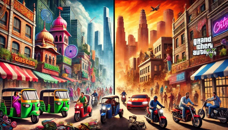 a ai created image showing difference bettween gta india and original gta games.